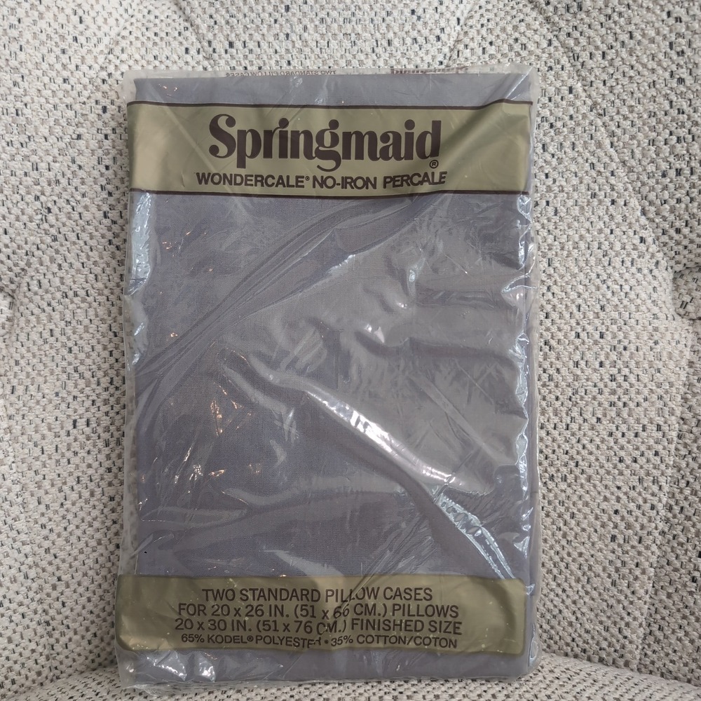 2 Vintage Springmaid Pillowcases Standard Grey Wondercale No-Iron Percale NOS 80